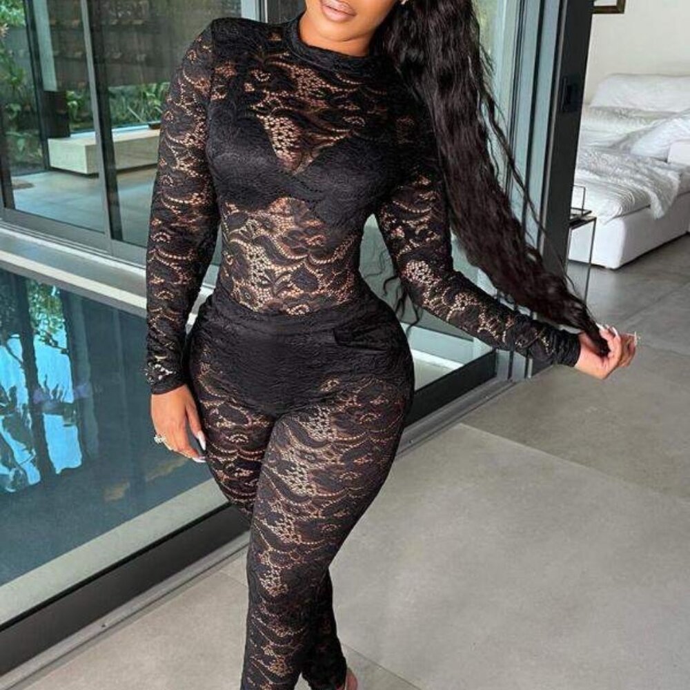 Crochet Lace Long Sleeve Top Pants Set